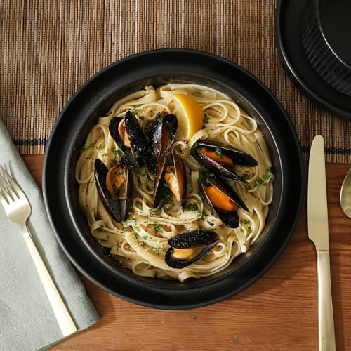 Image of Gibson Elite Deerfield 16-Piece Stoneware Dinnerware Set - Matte Black Reactive Glaze Plates and Bowls, Stackable, Modern Design, Service for 4 - Microwave & Dishwasher Safe