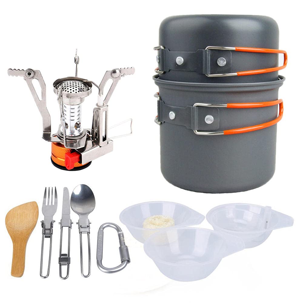 Set Pentole da Campeggio con Pentola e Padella Antiaderente in Alluminio, Fornellino da Campeggio, Posate Pieghevoli Pentole Kit per Campeggio Cucina per Il Trasporto per Picnic Esterno