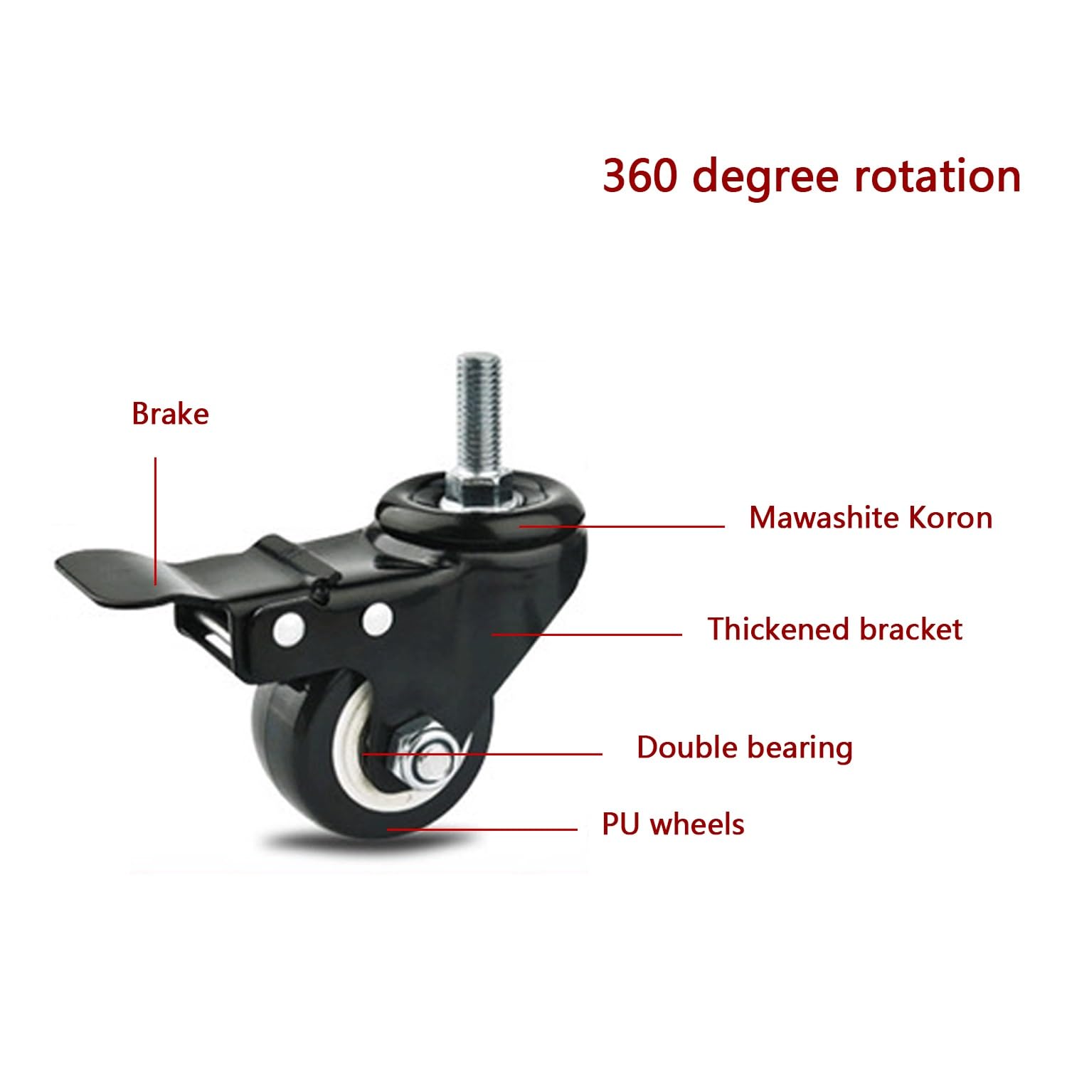 4 Pièces 40mm roulettes Pivotantes Silencieuses avec Frein, M10/12 roulettes Filetées Capacité de Charge 120kg, Roues en PU for Meubles(2swivel+2with Brake,50mm)