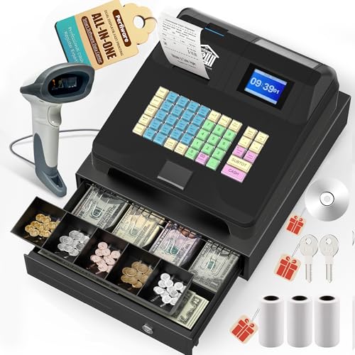 Perfiware Caja registradora para pequeñas empresas con cajón de efectivo y escáner de código de barras, teclado a prueba de aceite, cajas registradoras electrónicas con doble pantalla y recibo