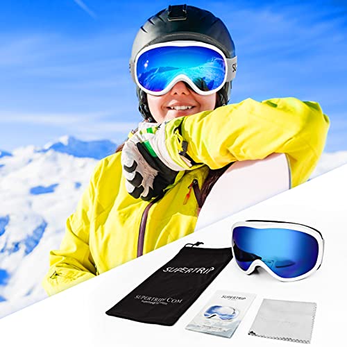 Image of Supertrip Snow Ski Goggles Anti-Fog 100% UV Protection Snowboard Skiing Goggles (White Frame /Blue Lens (vlt 28%))