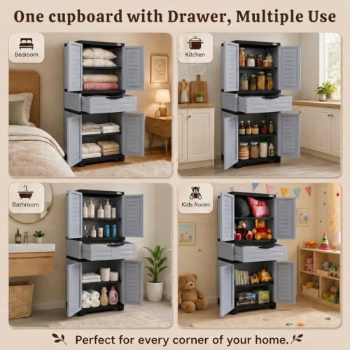 Image of Supreme Furniture Fusion 02 MDR 01 Multipurpose Plastic Cupboard | 40-Months Warranty* |Cabinet with 1 Drawer at Center| Spacious Shelves |Big Organiser for Bedroom Living Room Kids | DIY | Blue Grey