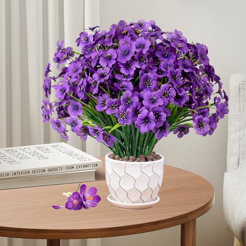 12束 造花 植物 屋外 装飾用 フェイクフラワー まとめ買い ホームインテリア 屋内 プラスチック フェイクフラワー窓辺のプランター、玄関ポーチの植物、春の装飾、花瓶用ブーケ（パープル） [3]