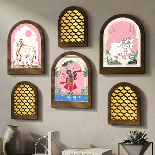 Image of Jharokha MDF Mirror for Home Decor | MDF Traditional Mirrors for Home Decoration | Wall Mirror Decor Hanging for Living Room Bedroom Office Set of 6 (9x12 inch & 7.5x9.5 inch)