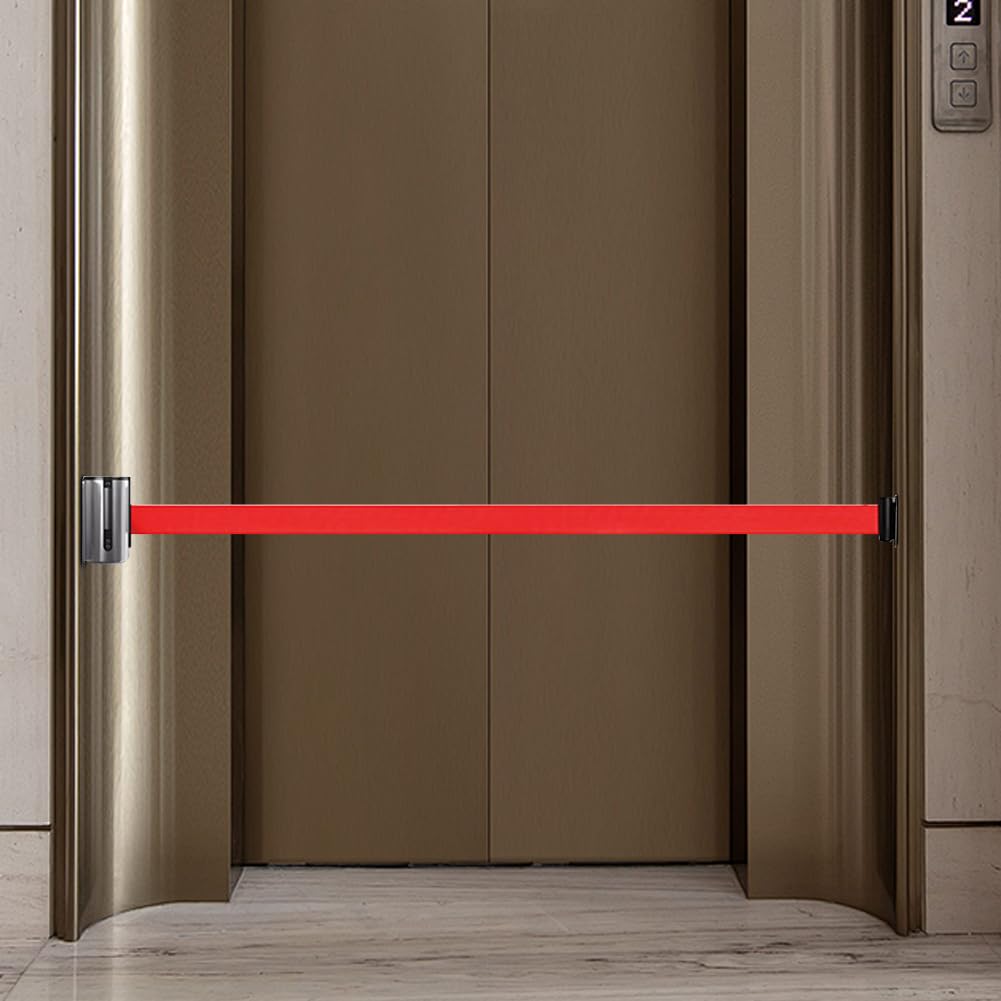 DASIAUTOEM Wandhalterung Absperrband, 5M Edelstahl Absperrung, Ausziehbar Absperrband, Einzeihbar Wand Montiert Absperrung, Wandbandhalterung für Menschenmengenkontrolle bei Veranstaltungen(Rot)
