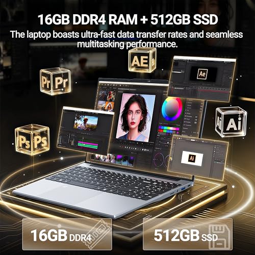 Image of 2026 Laptop, 15.6 inch Laptop Computer with Celeron N5100 16GB RAM DDR4 512GB SSD, 1920*1080, 180Hinge Portable Laptop, WiFi 5, BT 4.2, Win 11 Pro Lightweight Backlit Keyboard Lap Top for Business