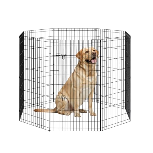 FDW 48 Inch Dog Pen 8 Panel Dog Playpen Indoor Outdoor Metal Puppy Pet Fence Portable Folding Animal Exercise Fence,Black