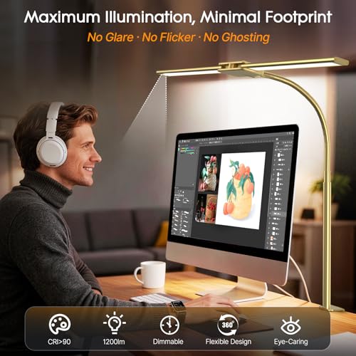 Image of Syrinx LED Desk Lamp for Office Home, Dual Head Eye-Care Architect Table Lamp, Gesture /Wired Control, Flexible Neck, Bright Desk Light with Memory /Timer, 50 Lighting Modes for Study, Drafting, Gold