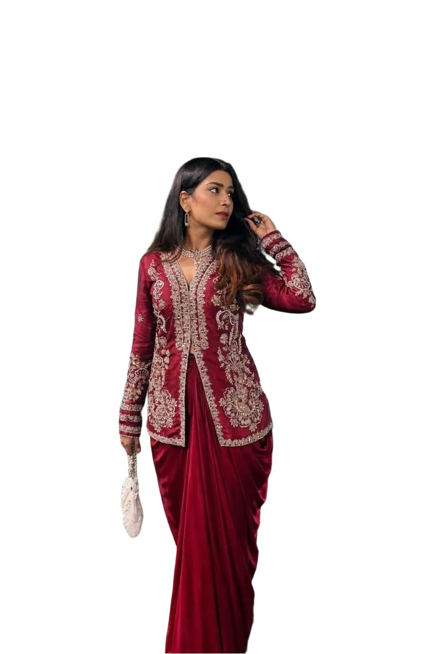 Women Lehenga Set with Fully Stitched Blouse and Embroidery Koti Jacket | Heavy Crepe Satin Lehenga for Wedding, Festive and Traditional Occasions-image-9