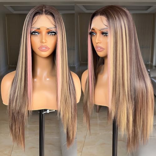 FABÉLLE Pink Highlight Wig Lace Front Wigs Glueless Wig Long Straight Wigs for Women Pre Plucked with Baby Hair 26 Inch Pink Color Forehead Synthetic Lace Front Wig