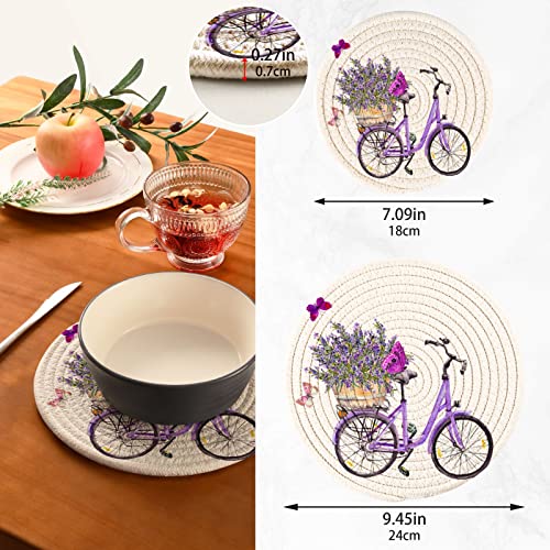 Autumn Lavender Bike Pot Holders Trivets 2 Pcs Heat Resistant Trivets For Hot Dishes, Retro Floral Cotton Thread Weave Trivet Mats For Hot Pads Pans Pot Bowl Teapot For Kitchen Decor #TOP1