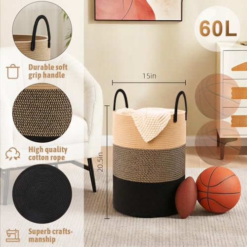 Image of Artfeel Laundry Basket,Woven Cotton Rope Laundry Hamper,60L for Decorative Storage of Dirty Clothes,Toys and Blankets in Bathroom,Bedroom and Living Room