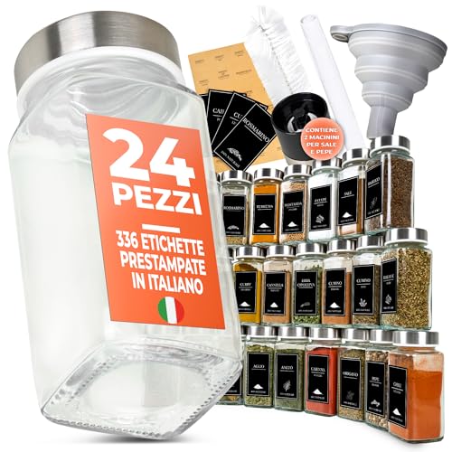 comforder – Barattoli Spezie per Cucina + 336 Etichette in Italiano e 2 Mulini – 24 Contenitori in Vetro da 120 ml (Bambù)