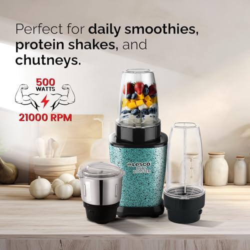 Image of Lesco Mixer Grinder 500W Blender Smoothie Maker with 3 Stainless Steel Jars and Copper Motor, 2 Years Warranty 21000 RPM Fine Grind in 20 secs, Baby Booster, Green