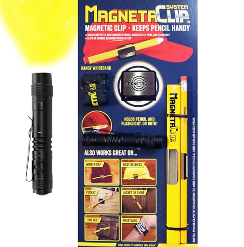 MAGNETACLIP SYSTEM - STRONG MAGNETIC Pencil, and Flashlight Holder for baseball cap, winter hat, helmet, belts and more! Handy wristband included!