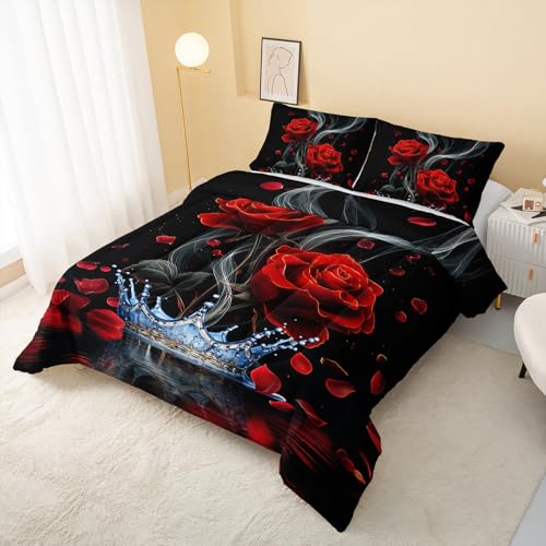 Image of QOOMO 3Pcs Red Rose Comforter Set Full Size,Blue Crown Bedding Set for Teens Boys Girls,Black Comforter with 2 Pillowcases,Soft and Lightweight