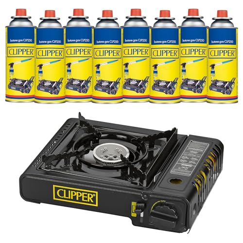 Clipper - Hornillo Camping | Cocina Portátil Estable | Potencia 2,200w | Con Cartuchos de Gas (8 uds)