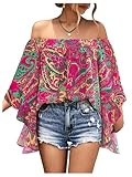 SHENHE Women's Summer Off The Shoulder Flutter Sleeve Top Paisley Print Loose Boho Blouse Shirt Hot Pink Medium