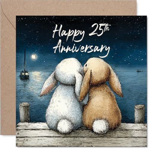 25th Anniversary Card for Women Men - Cuddle Bunnies - Happy 25 Year Anniversary Card for Partner Companion Husband Girlfriend, 145mm Wedding Anniversaries Greeting Cards