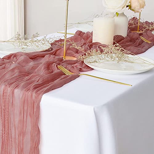 Dloapesy Semi-Sheer Table Runner Cheesecloth Gauze Cheesecloth Tablecloth Boho Rustic Table Cover for Kitchen Dining Room Bridal Shower Wedding Party Supplies (Dusty Pink - Image 2