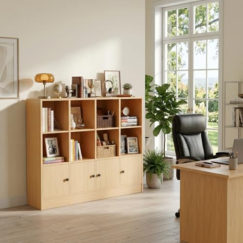Image of DIYART Oak Bookshelf, Wood Bookcase with 3 Tier Shelves, 12 Cube Storage Organizer with Doors for Bedroom, Living Room, 47.8 inch W x 39.1 inch H