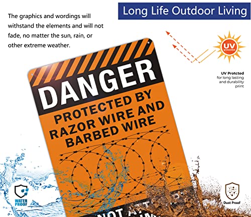 2 Pack Danger Protected By Razor Wire and Barbed Wire, Do Not Climb Sign 14\" x 10\" Safety Warning Sign Metal Reflective Rust Aluminum UV Protected Waterproof Easy Mounting Outdoor Use Fade Resistant - Thumbnail 5