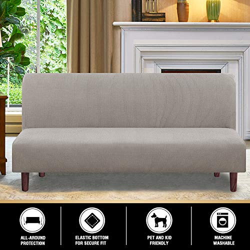 Stretch Armless Futon Cover Futon Slipcover Full Queen Size Futon Couch Cover Futon Sofa Cover Futon Bed Cover Furniture Protector With Elastic Bottom, Checked Pattern Jacquard (Futon, Taupe) #TOP4