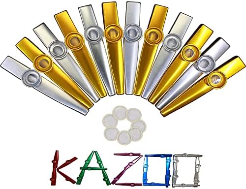 Crystaljun 12Pcs Metal Gold And Silver Kazoos With 20Pcs Kazoo Flute Diaphragms,Musical Instruments,Good Gift for Kids,A Good Companion for Guitar,Piano Keyboard,Ukulele, Violin.