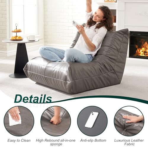 Hobestluk Giant Bean Bag Chair Lazy Floor Sofa, Memory Foam Fireside Sofa for Adults, Big Beanbag Faux Leather Armless Chair for Living Room Bedroom Dorm Office (Grey, Single)