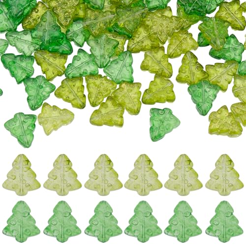 SUNNYCLUE 1 Box 100Pcs Christmas Trees Glass Beads Tree Shaped Bead Bulk Transparent Crystal Green Xmas Winter Glitter Sparkle Loose Spacer Beads for Bracelets DIY jewellery Making Crafting Accessorie