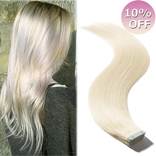100% Remy Tape in Human Hair Extension 16’’ Bonding Double Sided Tape Seamless Skin Weft Hair 20Pcs/50g (Platinum Blonde #60) + 10pcs Free Tapes