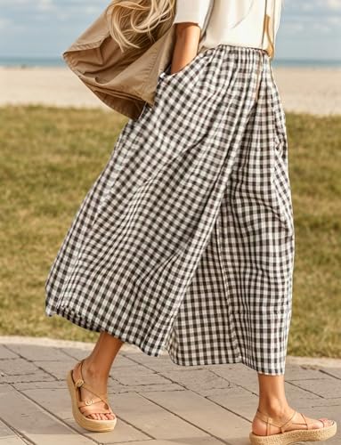 Womens Wide Leg Capri Pants Elastic Waist Plaid Gingham Palazzo Trousers Loose Fit Cotton Pants with Pockets2