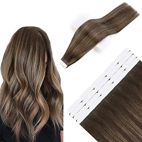RUNATURE Tape in Hair Extension 40g Natural Hair Extensions 18 Inch Brown Fading to Ash Brown Mix Brown Hair Ombre Hair Extensions 40g Tape in Extensions