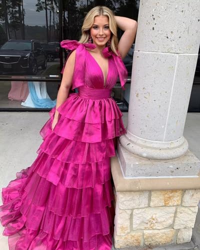 Tiered Tulle Prom Dresses for Women Long Ruffles V-Neck Formal Evening Gowns with Slit4