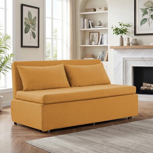 Image of BALUS 2 in 1 Queen Size Sleeper Chair Pull Out Sofas Couch with Pullout Beds, 43 inch W Convertible Guest Sleepers Chair Bed Sofabed with Pillows and Mattress for Living Room Apartment Loft, Yellow