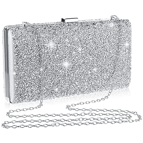CHENGU Clutch Purse Evening Bag Women Rhinestone Glitter Handbag Double Sided with Chain Crossbody Purse Shoulder for Wedding Party (Silver, Modern Style)