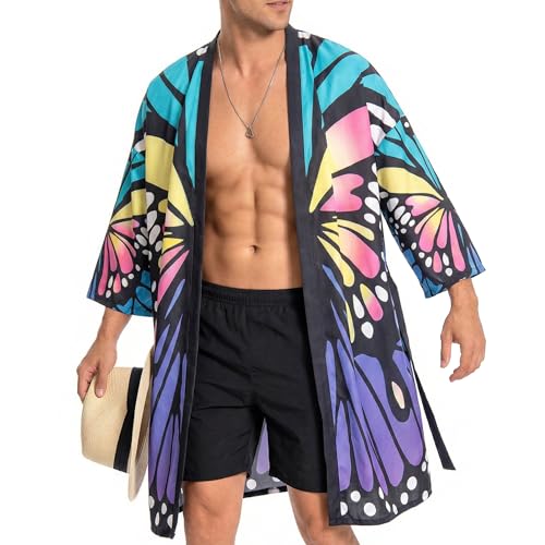 OLAOLA Men Lightweight Kimono Butterfly Robe with Belt Japanese Style Robe Jacket Casual Open Front Long Cardigan Cape Coat Outwear