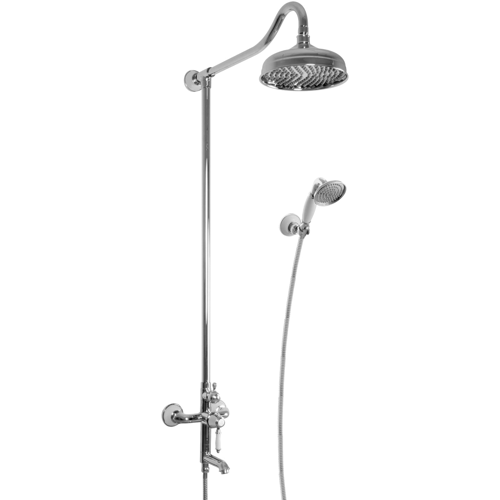 Nostalgiczny system prysznicowy natynkowy deszczownica 3-drożny retro styl dworkowy, masywny mosiądz chromowany, głowica prysznicowa 20 cm, montaż ścienny, Moon