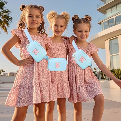 Image of Fanny Pack for Kids Girls 10-12 - Small Waist Belt Bag with Initial Letter Patch and Extender Strap for Women Teen Girl Friends Mini Bum Hip Travel Purse Crossbody Belt Bag Lavender Blue E