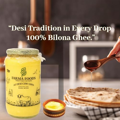 Image of FARMA FOODS A2 Desi Cow Ghee 1 Litre | Bilona Method Hand Churned | Traditional Pure Natural Ghee | No Preservatives | Farm Fresh Taste | Everyday Cooking Nutrition