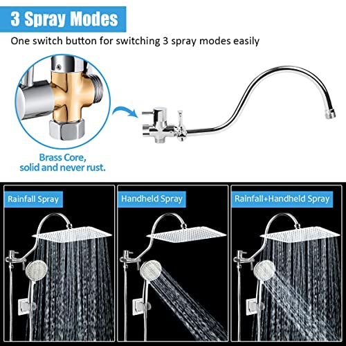 Taiker Shower Head, 8 Inch High Pressure Rainfall Shower Head/Handheld Showerhead Combo With 11.5 Inch Adjustable Curved Arm, Anti-Leak Shower Head With Holder/Hose, Flow Regulator, Chrome (Silver) #TOP1