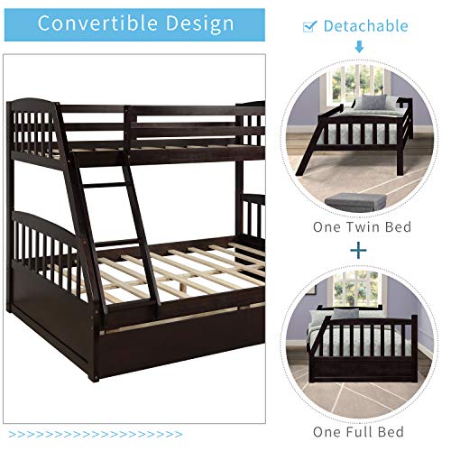 Merax Solid Wood Twin Over Full Bunk Bed With Two Storage Drawer, Removable Ladder And Safety Guardrail For Kids, Teens, Adults, Convertible To 2 Separated Beds (Espresso) #TOP4