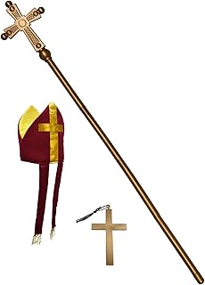 Adult Bishop Priest Pope Hat Crucifix Necklace Gold Cross Staff Saint Costume Accessory Set