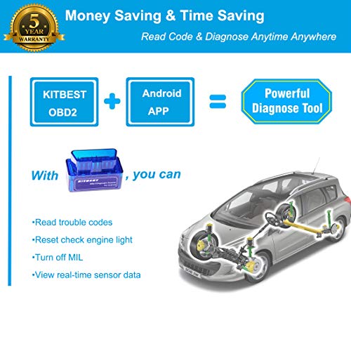 Kitbest Bluetooth OBD2 Scanner Mini OBD Car Diagnostic Code Reader for Android & Windows, Check Engine Light Scan Reader. Supports Torque Pro & Lite, OBD Fusion, DashCommand