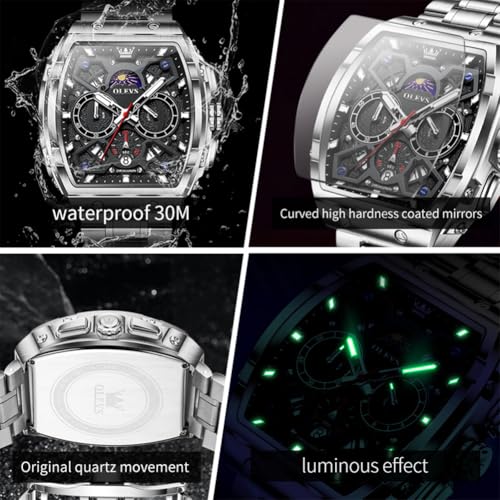 Image of OLEVS Mens Watches Original Chronograph Analog Quartz Watch Multifunction Waterproof Calendar Silicon Strap Fashion Square Watch for Man