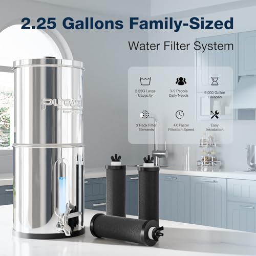 Purewell 2.25G Gravity-fed Water Filter System with 3 Filters, 3-Stage Ultra-Filtration Stainless Steel Countertop System with Water Level Window, Reduce 99% Chlorine, 9,000G Filter Capacity, PW-KS-3C by Purewell - Image 2