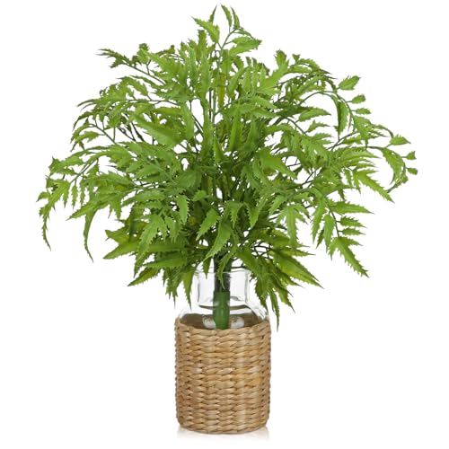 Oairse Faux Greenery Stems in Vase Aritificial Fern Plant in Glass Vase with Faux Water & Woven Cover Small Fake Desk Plants Greenery Centerpieces for Farmhouse Kitchen Dinner Tables Shelves Decor