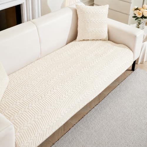 Image of HOMETHREADS Premium Embroidered Cotton Sofa Cover Mat with PVC Backing for Non-Slip Comfort (Beige, 1 Seater | 70x70cm)