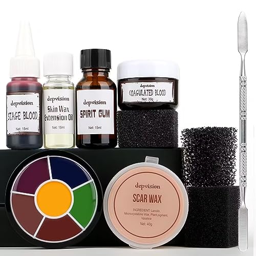 Depvision Halloween SFX Makeup Kit - Scar Wax with Spatula, Spirit Gum,Skin Wax Extension Oil,Scab Coagulated Blood, Stipple Sponges,Fake Blood,Bruise Wheel for Special FX,Halloween Theatrical Makeup