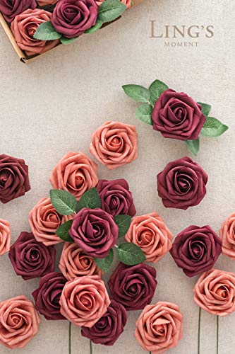 Ling's Moment Artificial Flowers Burgundy & Pinky Cedar Roses 50Pcs Real Looking Fake Roses W/Stem For Diy Wedding Bouquets Centerpieces Arrangements Party Baby Shower Home Decorations #TOP1